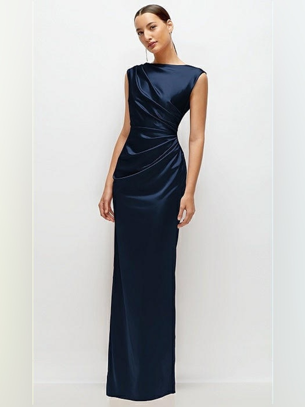 NWT Dessy High Neck Sleeveless Cap Shoulder Satin Maxi Dress in Navy, Size XXL-A